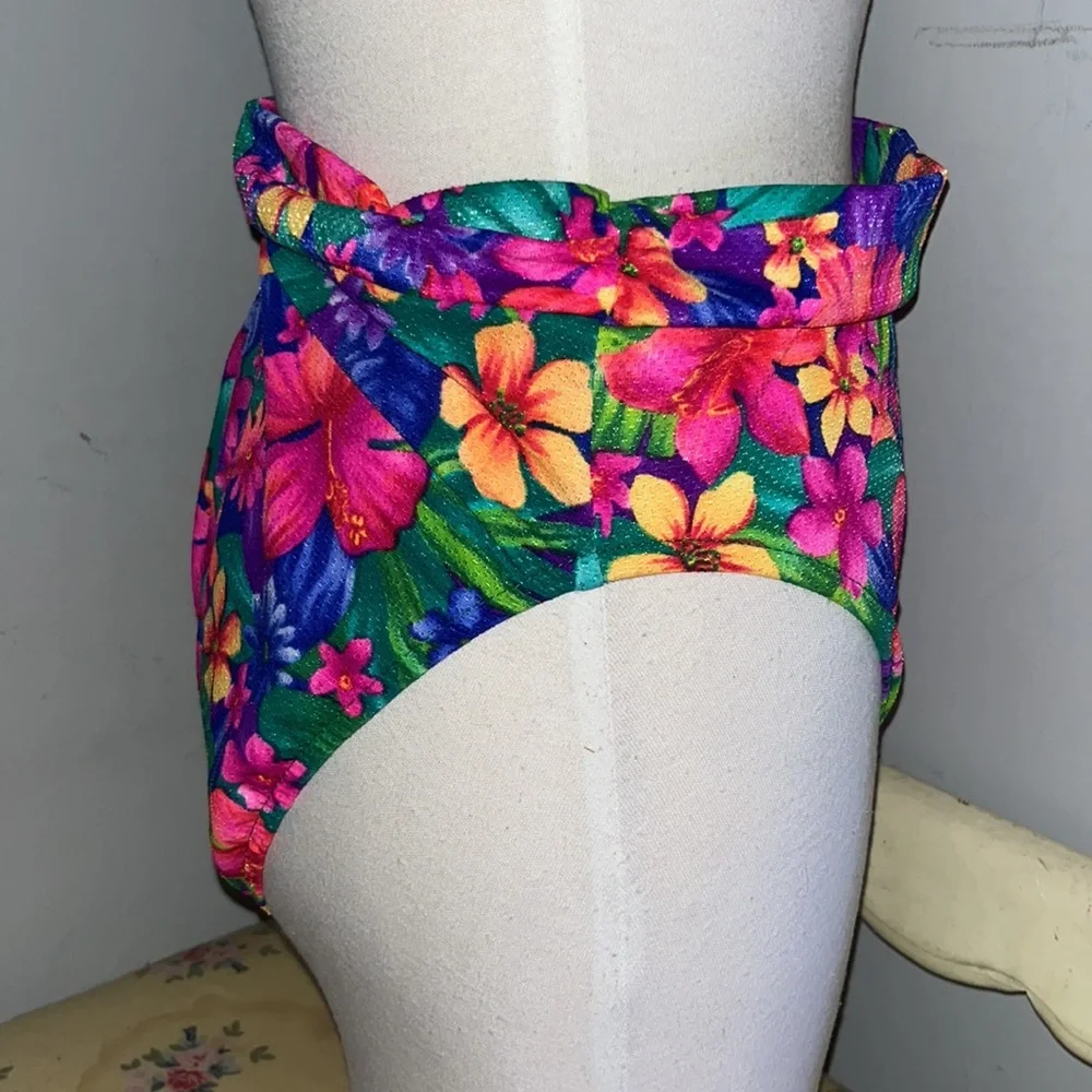 NEW Authentic Vintage High Waisted Bikini Swim Bottoms Bright Tropical Floral M
